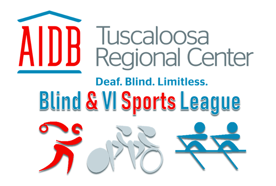 AIDB Tuscaloosa Blind & VI Sports League logo, which reads AIDB in red with blue house outline, Tuscaloosa Regional Center in AIDB Tuscaloosa Blind & VI Sports League logo, which reads AIDB in red with blue house outline, Tuscaloosa Regional Center in